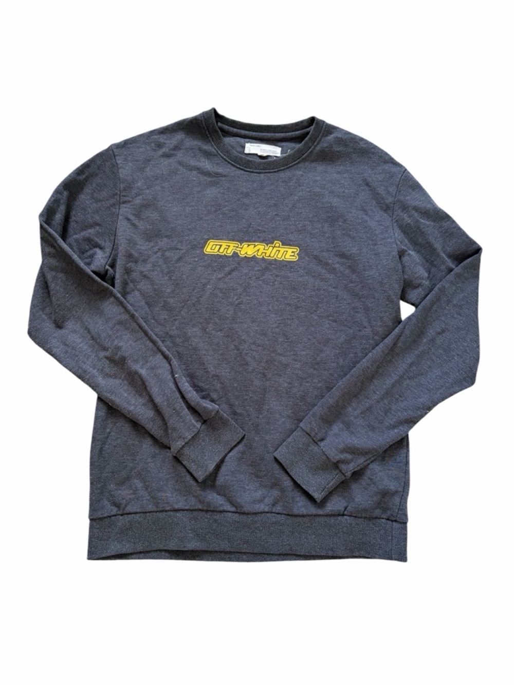 Off-White Fire Tape Gray Crewneck with Yellow Logo Patch Virgil Abloh Sweatshirt